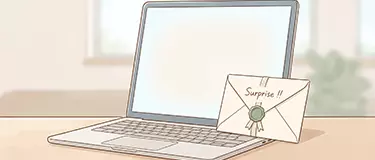 un ordinateur avec une lettre où c’est écrit « surprise » pour un cadeau