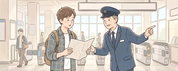 un jeune homme dans un gare en train de demander son chemin a un agent des trains japonais