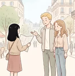 Miki à Paris, une carte à la main, demande son chemin à des passants